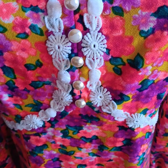 sz 8 1OF1 Vintage Floral Maxi Dress Lace Trim Peasant Boho Prairie Handmade Pink - Picture 4 of 9